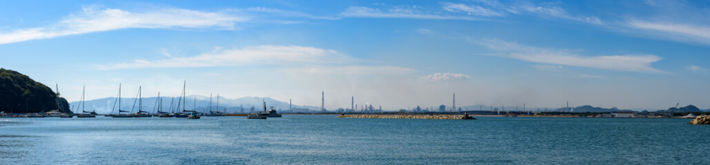 Fototapeta na wymiar Panoramic view of the Seto Inland Sea, fishing port of Kasaoka City