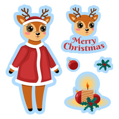 Cute deer wear Christmas costume. Cute fawn character vector illustration. Merry Christmas sticker. Christmas reindeer isolated vector. Template for stickers. Season greeting. Winter Xmas holidays.
