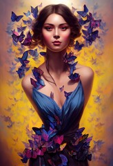 Fototapeta na wymiar Abstract colorful portrait of a beautiful girl with butterflies. Fashionable cute woman. Creative beautiful girl. 3d rendering