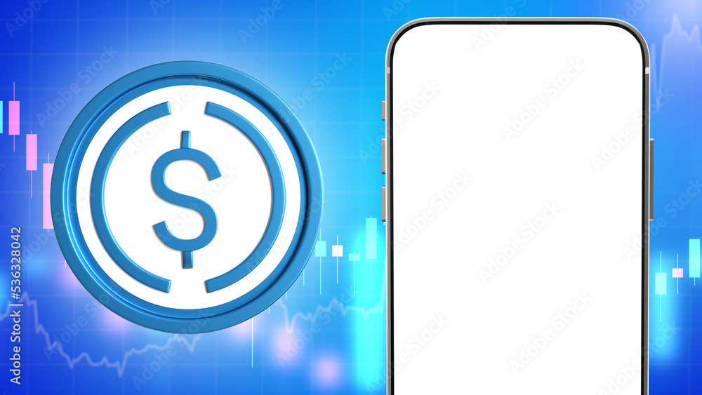 Poster banking application. mock up phone. smart phone blank screen. coin with dollar symbol on blue. inves