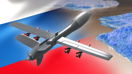 UAV and Russian flag. Military drone equipped with missiles. Russian UAV prepare to attack. Air Force of Russian Federation. UAV for air strikes. Technologies of Russian army. 3d rendering.