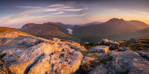 Ben Crom Reservoir panorama at sunset, Mourne Mountains. Northern Ireland