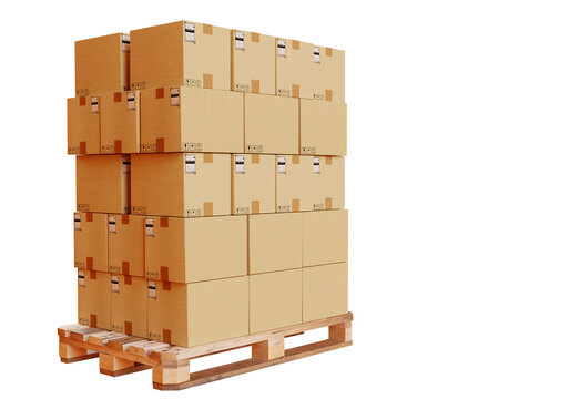Several boxes from courier service. Pallet with parcels. Courier boxes isolated on white. Boxes with white information stickers. Courier parcels with symbol of fragility. 3d rendering.