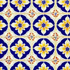 Gorgeous mediterranean tile damask fill background vector seamless pattern. Decorative mosaic ceramic design. Wall and wallpaper decor blue Portuguese azulejo pattern