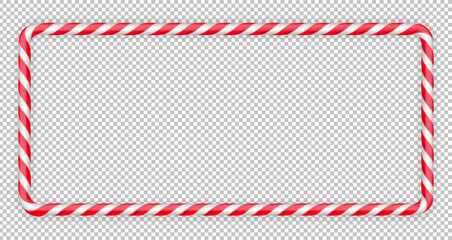 Frame christmas candy cane. Christmas stick. Traditional realistic xmas candy and red, white stripes. Santa caramel cane on transparent background. Vector illustration