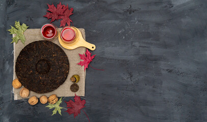 Chinese tea ceremony pu-erh tea black background, top view, copy space