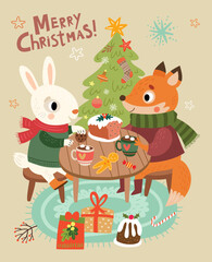 Obraz na płótnie Canvas Christmas card. Fox and hare on holiday