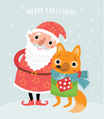 Santa and fox. Christmas New Year card