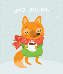 Fox and hot chocolate. Christmas card