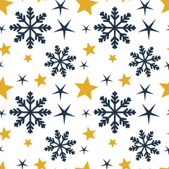 seamless pattern of yellow stars and blue snowflakes. New Year and Christmas background. print for fabric and wrapping paper