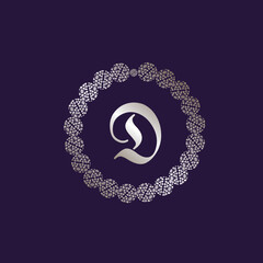 Letter D logo.Uppercase alphabet initial.Lettering sign isolated on dark fund.Decorative style frame for brand identity.Elegant, beauty, spa, deco design metallic silver font monogram.