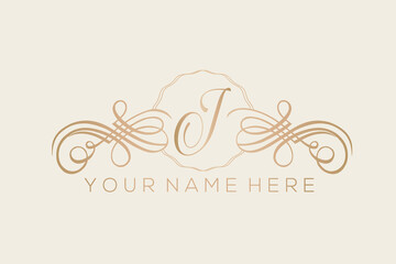 Letter J logo.Uppercase alphabet initial.Lettering sign isolated on light fund.Decorative style frame for brand identity.Elegant, beauty, spa, deco design metallic gold font monogram.