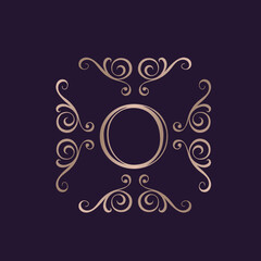 Letter O logo.Uppercase alphabet initial.Lettering sign isolated on dark fund.Decorative style frame for brand identity.Elegant, beauty, spa, deco design metallic font monogram.