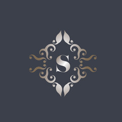 Letter S logo.Uppercase alphabet initial.Lettering sign isolated on dark fund.Decorative style frame for brand identity.Elegant, beauty, spa, deco design metallic font monogram.