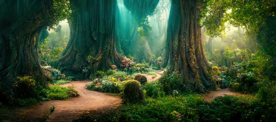 Fotobehang Sprookjesbos Een prachtig sprookjesachtig betoverd bos met grote bomen en geweldige vegetatie. Digitaal schilderen achtergrond