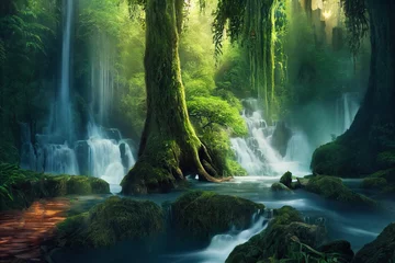 Papier Peint photo Forêt des fées A beautiful fairytale enchanted forest with big trees, waterfalls and great vegetation. Digital painting background