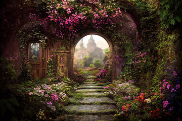 A beautiful secret fairytale garden with flower arches and colorful greenery. Digital painting background - obrazy, fototapety, plakaty