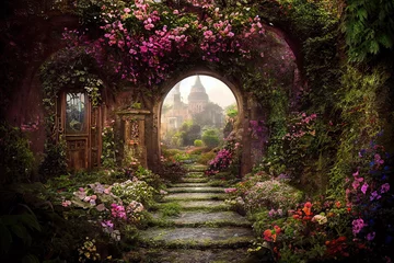 Papier Peint photo Forêt des fées A beautiful secret fairytale garden with flower arches and colorful greenery. Digital painting background