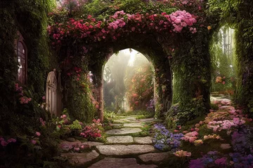 Foto op Plexiglas Sprookjesbos Een prachtige geheime sprookjestuin met bloemenbogen en kleurrijk groen. Digitaal schilderen achtergrond