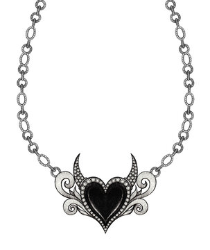 Jewelry design art vintage mix devil heart necklace. Hand drawing and painting on paper.