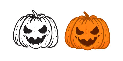 cartoon halloween pumpkin isolated on white, jack o lantern.Coloring with example. Vector illustration