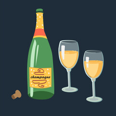 Champagne bottle and glasses. Cartoon flat style. Vector illustration
