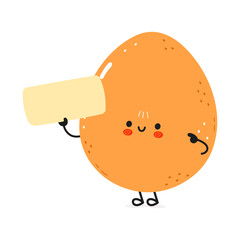 Obraz premium Cute funny egg poster character. Vector hand drawn cartoon kawaii character illustration. Isolated white background. Egg with poster