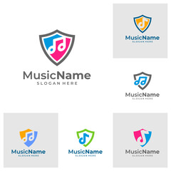 Set of Shield Music Logo Vector Icon Illustration. Music logo design template