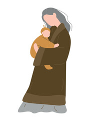 Mother and newborn baby in hands. Young mom holding and hugging calm child. Happy peaceful woman and infant portrait. Single-parent family. Flat vector illustration isolated on white background