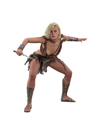 Beautiful blonde fantasy barbarian woman posing with a dagger. 3D render isolated.