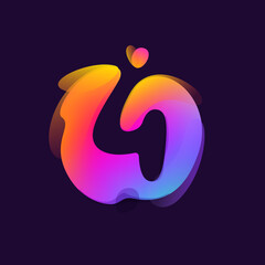 Fototapeta premium Number four logo in multicolor gradient blot. Negative space splash icon.