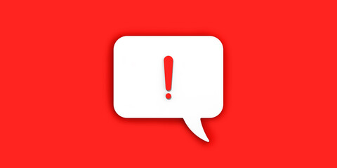 Red exclamation mark on a white message board. Alarm signal in the phone. Danger alert. Message on a red background. Horizontal image. Banner for insertion into site. 3D image. 3D rendering.