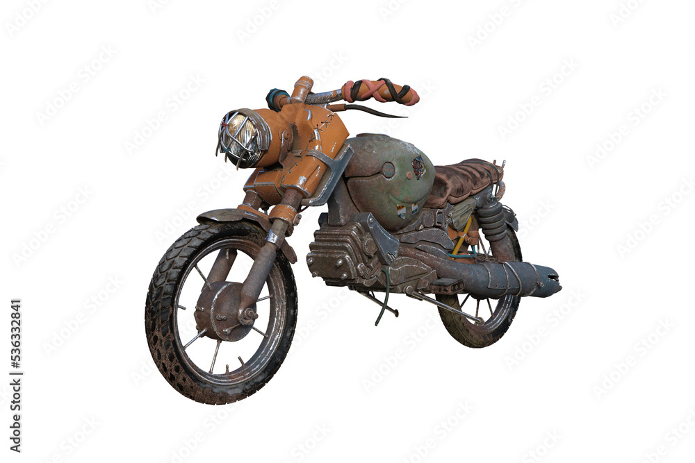 Poster fantasy post apocalyptic motorcycle made of scrap parts. 3d rendering isolated.