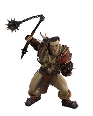 Fantasy orc monster brute warrior swinging a mace weapon in battle. 3D rendering isolated.