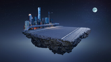 Fantasy floating island with modern city skyline at moon night. Asphalt road at center. Abstract...