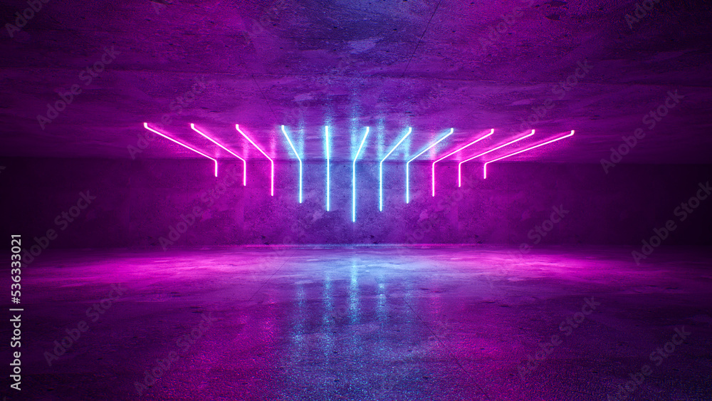 Poster abstract dark background of empty scene with ultraviolet light. neon light figures in the center of 