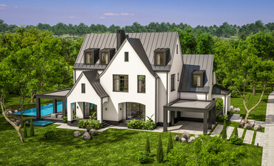 3d rendering of cute cozy white and black modern Tudor style house with parking  and pool for sale or rent with beautiful landscaping. Fairy roofs. Clear sunny summer day with blue sky.