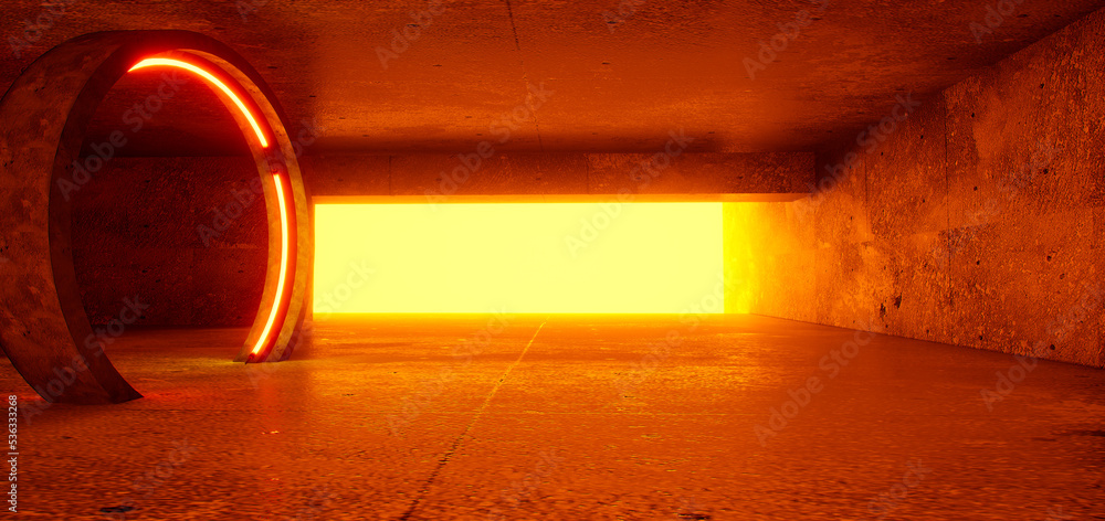 Poster background of an empty room with concrete walls and orange neon light. 3d rendering