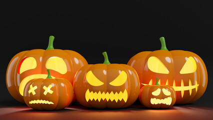 Pumpkin heads with different emotions in the darkness. Halloween background. 3D rendered image.
