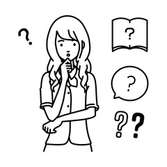 立って手をあごにあてて疑問を感じている事務員制服の女性 クエスチョンマークのセット