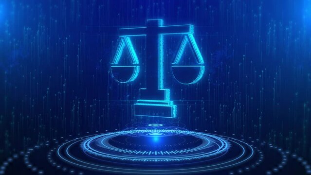 Justice Text Cyberspace Future Digital Technology Hologram Loop Concept. Law theme, mallet of the judge, law enforcement officers, evidence-based cases Weight scale of justice, lawyer or attorney .