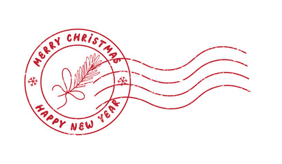 Cute Christmas and New Year postal vector stamp. Merry Cristmas sign. Grunge texture.