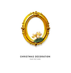 Golden frame with fir tree branch and vintage christmas angels