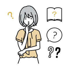 立って手をあごにあてて疑問を感じているオフィスカジュアルの女性 クエスチョンマークのセット