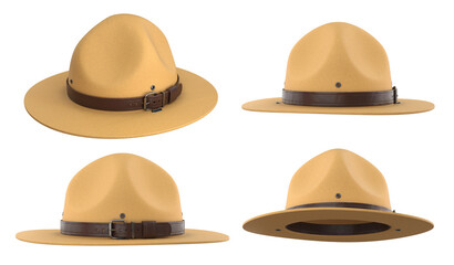 Collection Scout hat, Ranger hat, sand-colored campaign hat with leather belt, 3d render - obrazy, fototapety, plakaty