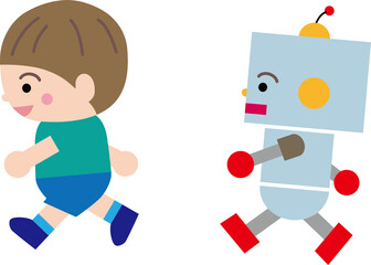 仲良く歩く子供とロボット
