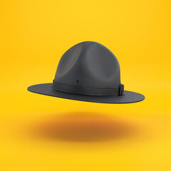 Scout hat, ranger hat, black campaign hat floating on a yellow background, 3d render