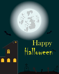 Halloween dark castle on blue Moon background, vector illustration.
