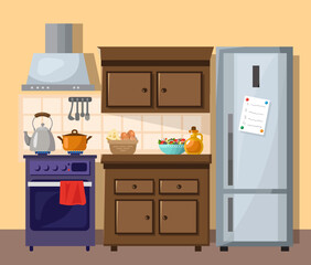 Home kitchen interior. Cozy kitchen. Kitchen in the house. Flat vector illustration.