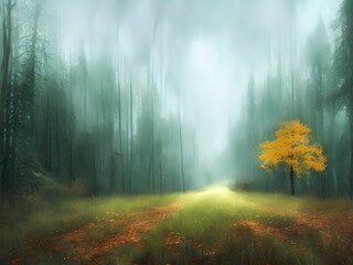 Obraz premium Misty, foggy wallpaper of a forest